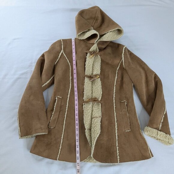 Tan Brown Sherpa Lined Faux Suede Toggle Closure Hooded Coat - Picture 3 of 6